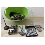Tub of tools  oil can ,sockets, pliers etc