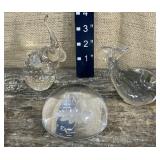 3 glass paperweights- elephant, whale, flower