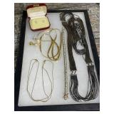 Gold tone earrings, necklaces, fashion belt, 925