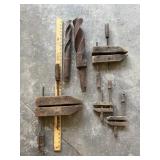 Vintage wooden hand vices, and 2 huge drill bits