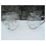 Vintage glass pitcher and large painted vase with