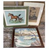 Framed horse print, photo print and vintage paint