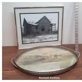Frame barn photo and early oval horse racing tray