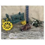 Cast John Deere tractor, fire engine, plane