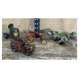 Cast fire engine, tractor, tricycle, plane