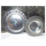 Large pewter platter and pewter decorative bowl.
