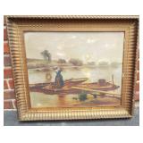 Oil on board of woman on shore. Unknown