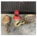 Two large wood, pulleys and vintage kerosene lamp