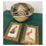 Basket with 2 wooden farmed feather bird art