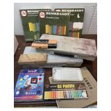 Box art supplies pastels, vintage milk glass tray,