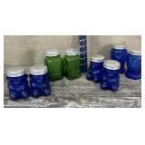 Box of blue & green glass S&P shakers
