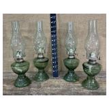 4 green-glass oil lamps - not antique