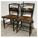 2 stenciled chairs with rush seats