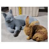 2 garden statues - cat and bunny - resin