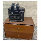 Singer sewing tin and wooden box with thread