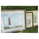 3 framed watercolors - lighthouse, boats,