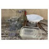 Pyrex blue flame ware tea pot, measuring cup,