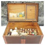 Neat old wood and metal sewing box with contents.