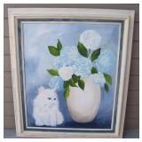 Framed White Cat & Vase of Hydrangea Flowers
