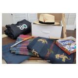 Box - new hat, fabric, timberline picnic blanket,