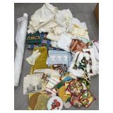 2 boxes vintage linens - dish towels, hot plates,