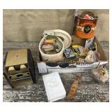 Box lot of multiple decks of cards, card shuffler