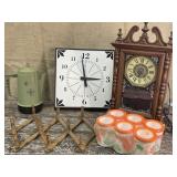 Retro clocks, styrofoam koozies, percolator and