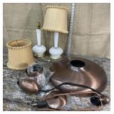 Pair of milk glass table lamps and a hanging