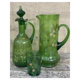 Beautiful green hand painted pitcher, decanter