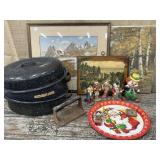 Barn finds box lot - 2 roasting pans, clown bank