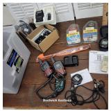 Tub - hand held radios, stop watches, Olympus