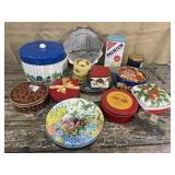 Box lot of tins, trays, cake tin