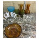 Vases, pedestal dishes, amber fruit bowl, candle