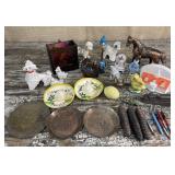 Box lot of small figurines, clock weights, metal