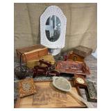 Box lot of cedar boxes, wooden tray, wicker wall