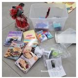 Tub misc - cookbooks, cleaning supplies, mouse