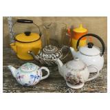 Box lot tea pots and 25th Anniversary pitcher
