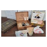 Tin & wooden advertising boxes and a few hankies