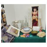 Clear Plastic Tub Of Dolls, Throw, Decanter, Etc