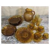 Amber pitcher, plates, cups and saucers, soup