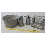 Galvanized wash tub, grain scoop, oil can, basket