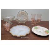 Box - Pink Depression Glass Goblets, Sugar Bowl,