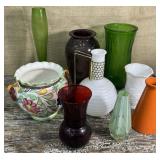 Box lot of vases, milk glass decanter and and