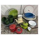 Box of enamel dishes - bowls, tea pots, mugs,