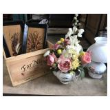 Lamp, Teapot floral arrangement, wine box, wall