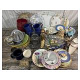 Large bin of kitchen items, decor figures, misc