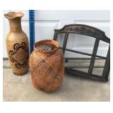 Large floor vase, woven floor basket, shelf