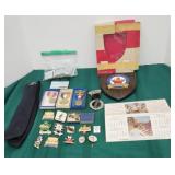 Military and fraternal items pins match books etc