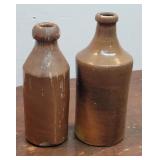 2 Early Brown Stoneware Beer Bottles Both Have A