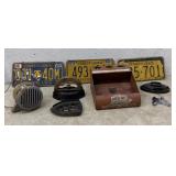 Advertising lot plates, siren, sad irons